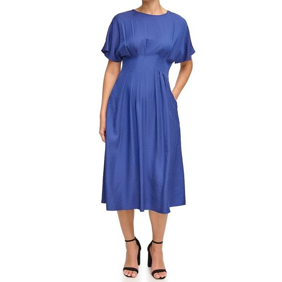 Kensie Short Sleeve Smocked Waist A-Line Midi Dress Navy Women’s Sz 14 NWT - Picture 1 of 9